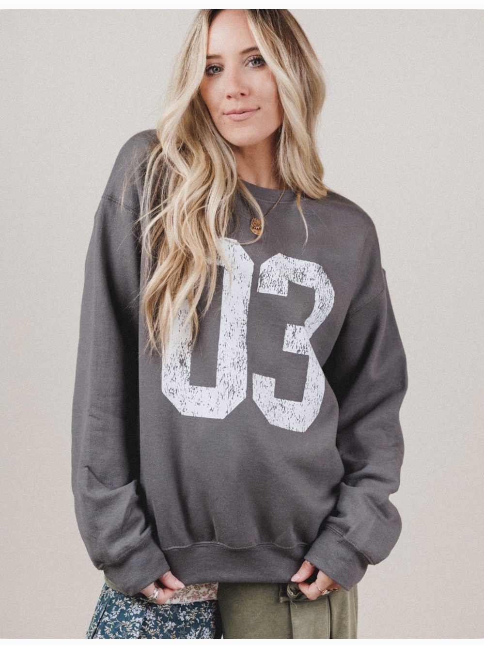 Three Bird Nest Gray '03' Graphic Sweatshirt with White Print